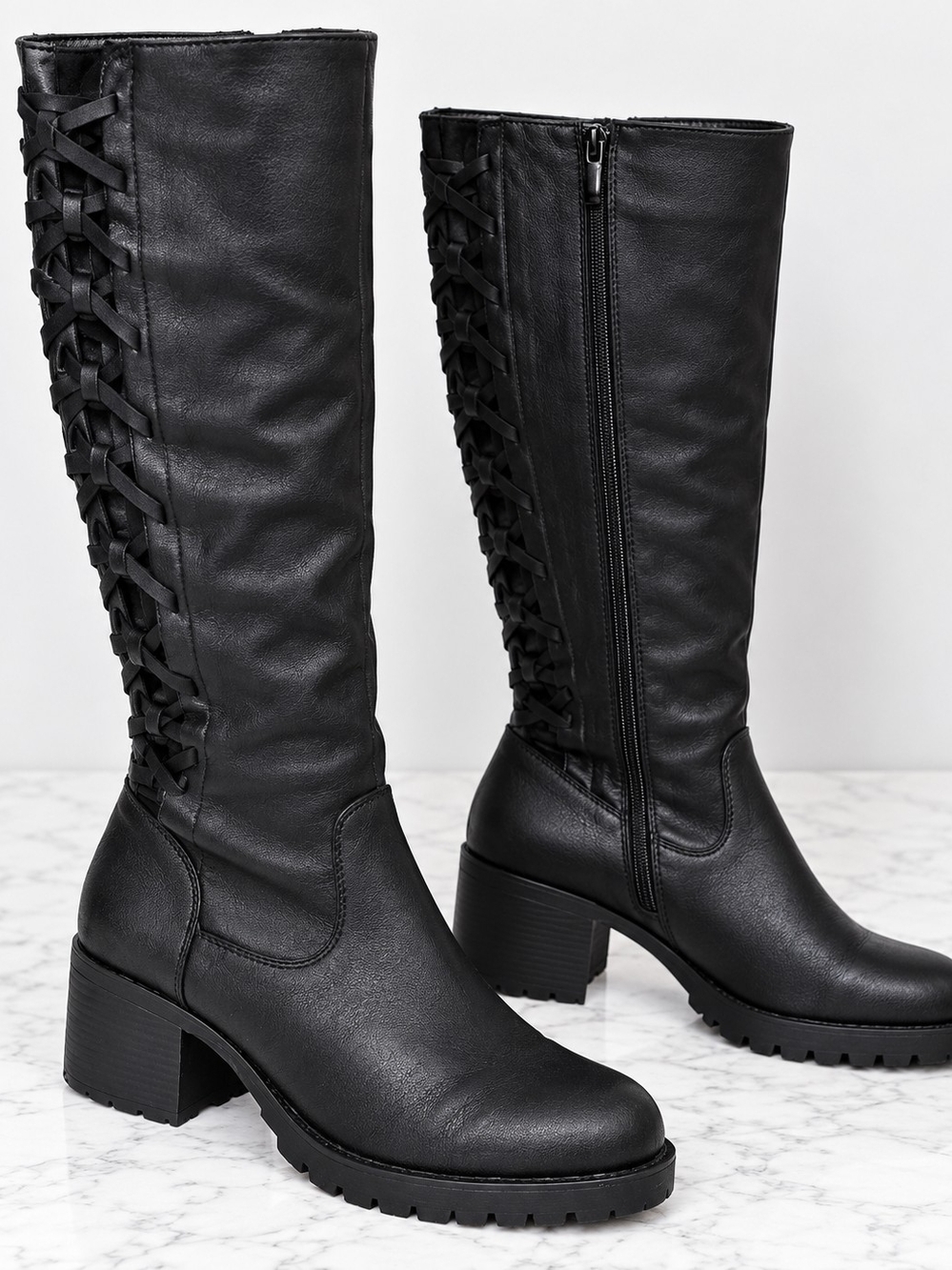 Torrid Size 12W Black Knee High Boots Woven Detail Chunky Heel